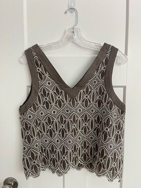 Entro Brown Embroidered Lace Crop Top Boho Cottagecore Floral Scallop M